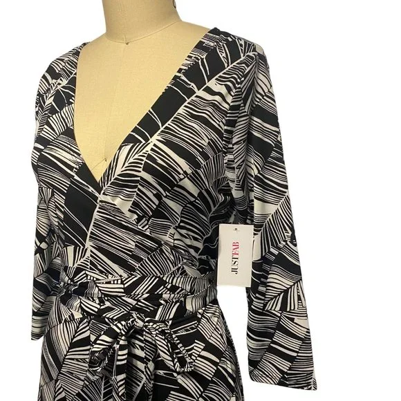 Just Fab Black & White Banana Leaf Wrap Dress M - Picture 6 of 12